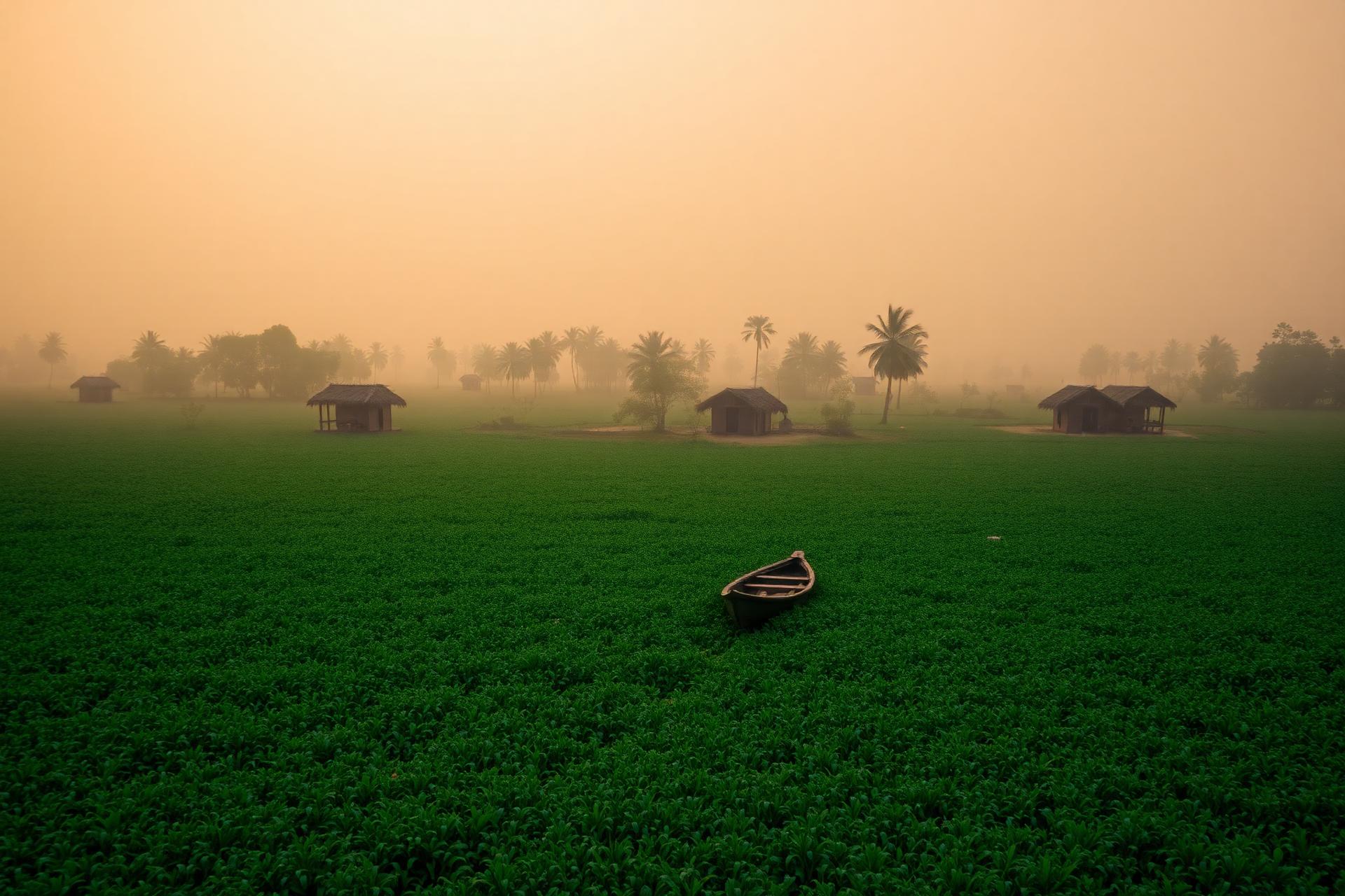 Misty golden hour over rural Odisha with a wooden boat, palm groves, and thatched village huts